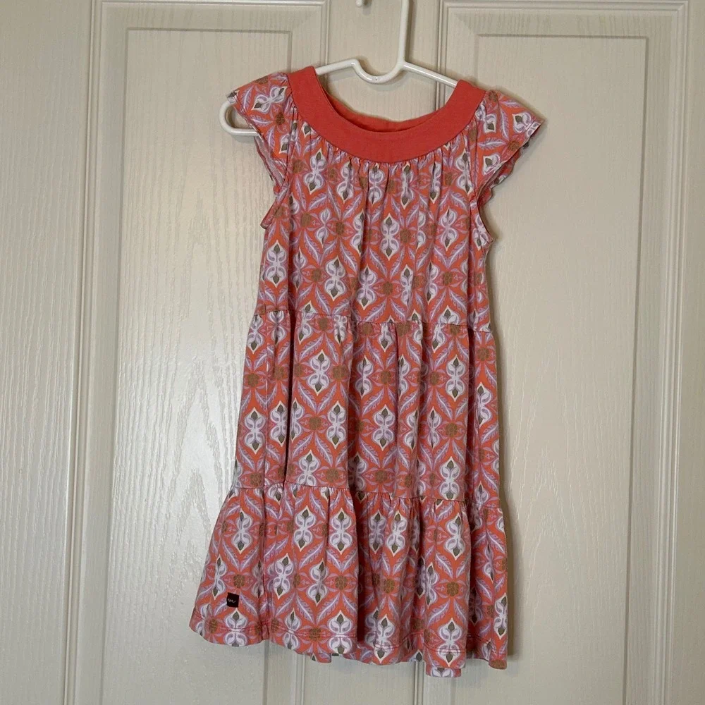 Tea Collection Orange Feather Print Tiered Dress Girls Size‎ 4